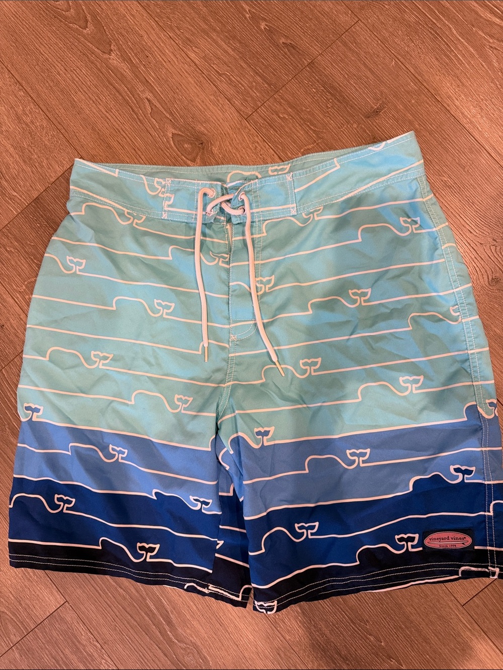 Vineyard Vines Aqua to Navy Gradient Swim Shorts with White Whale Motif